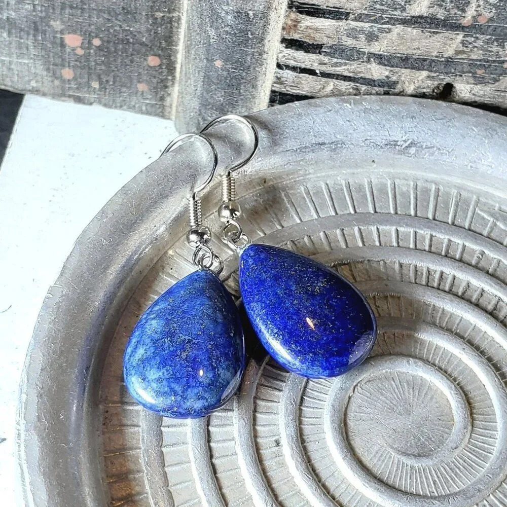 Lapis Lazuli Puffed Teardrop Handcrafted Blue Silver Gemstone Dangle Earrings